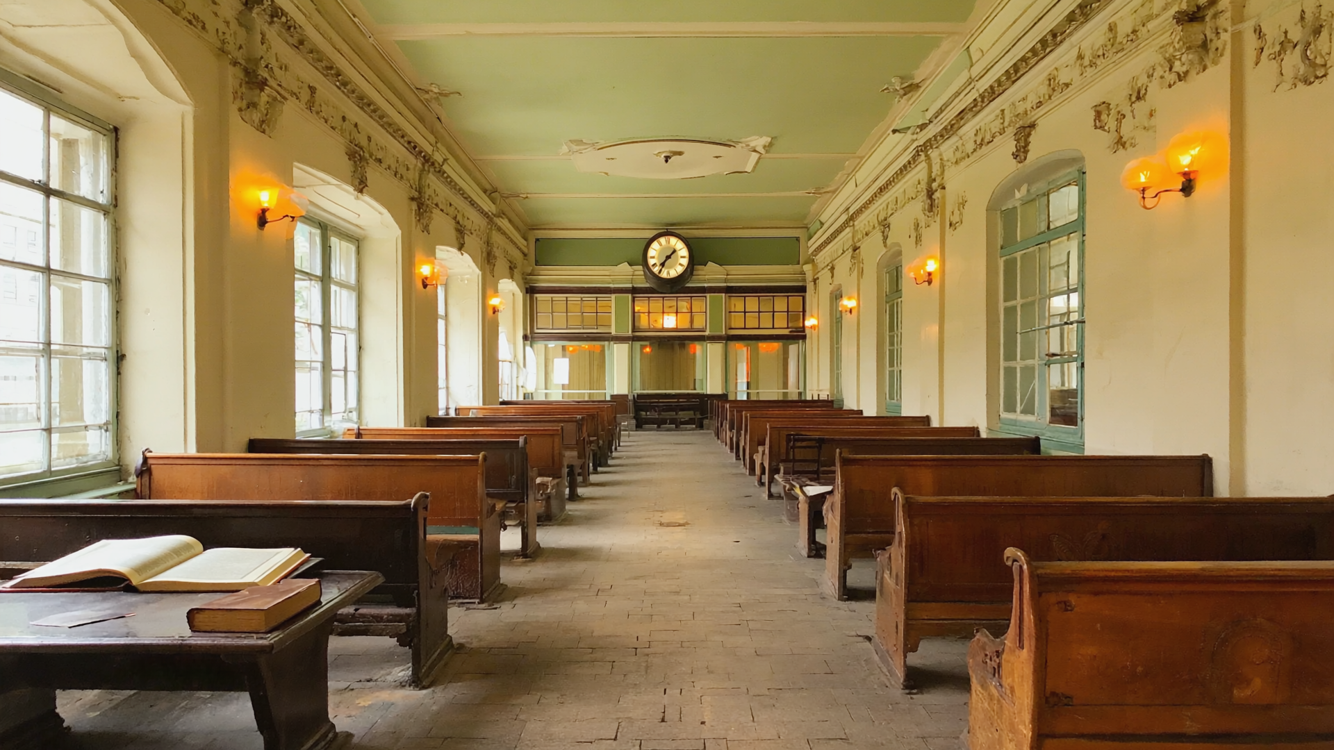 Ein leerer Wartesaal mit alten Holzbänken und einer Bahnhofsuhr in stillem Halblicht, im Hintergrund Bücher und alte Karten