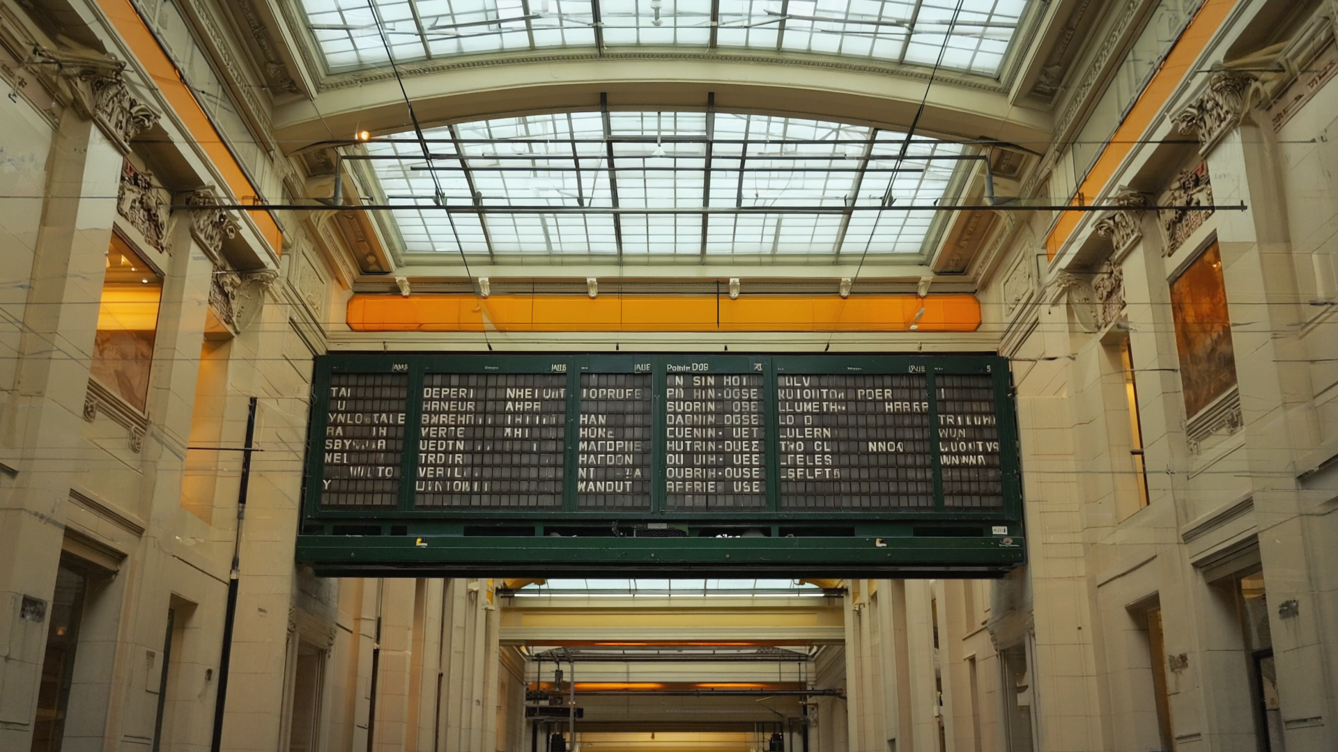 Halbbeleuchtete Abfahrtstafel in einer leeren Bahnhofshalle am frühen Morgen mit Zielen quer durch Mitteleuropa
